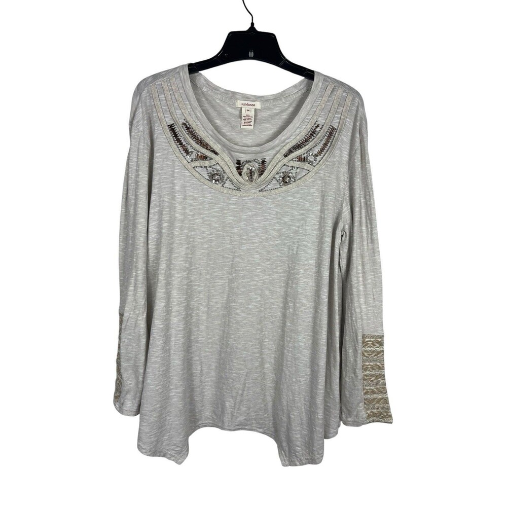 Sundance Beaded Embellished Slub Cotton Knit Top Long Sleeve M Boho Western